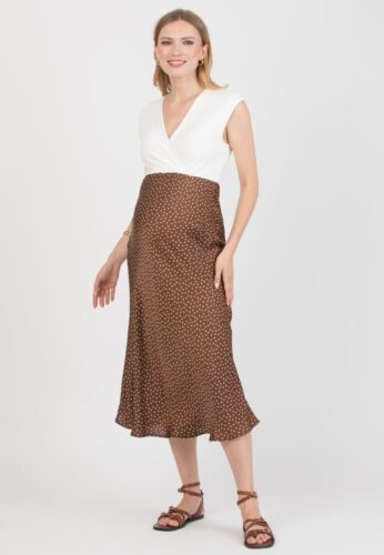 ATTESA,Kleid, zum Stillen geeignet, Oberteil aus Viskose-Jersey mit angesetztem Satinrock, braun mit weißen Punkten